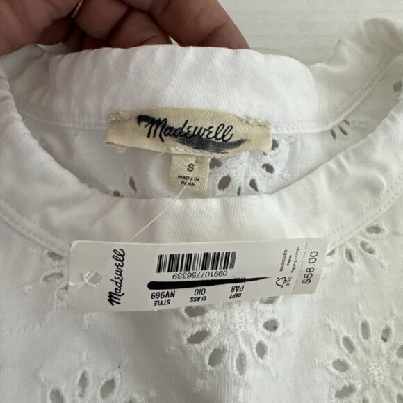 Madewell Women's S Boxy Wide Sleeve Embroidered Eyelet Tee White Crew NWT - Picture 6 of 13